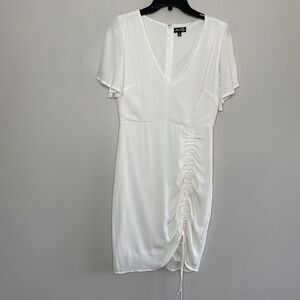 DEE ELLY Dress Womens Medium Ivory V-Neck Sheer Lined Sheath Ruched Detail